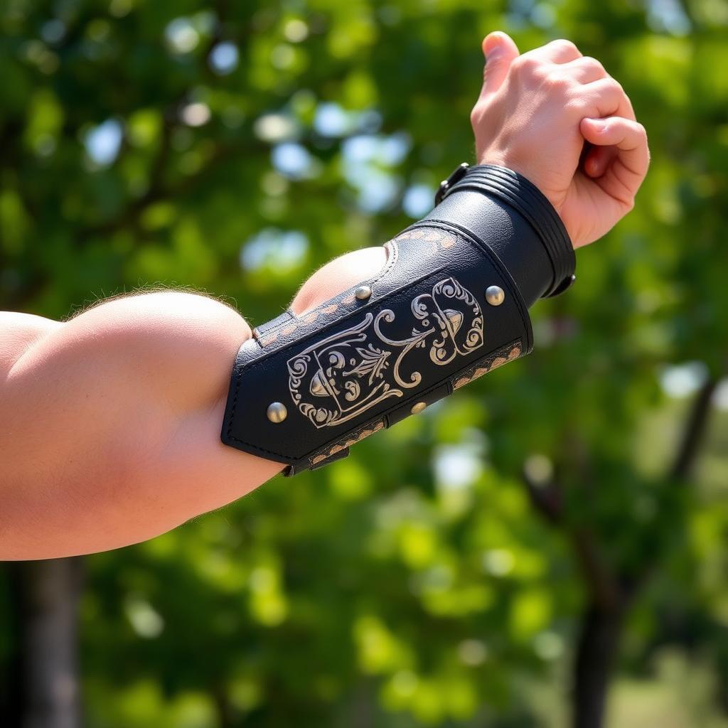 A stylish black leather armband adorned with intricate silver designs, elegantly wrapped around a muscular arm