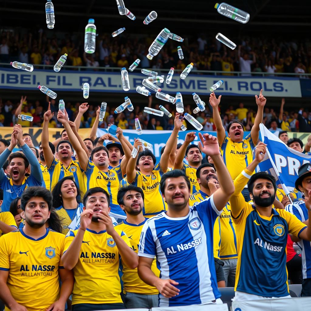 A vibrant scene showing passionate soccer fans in the stands of a stadium