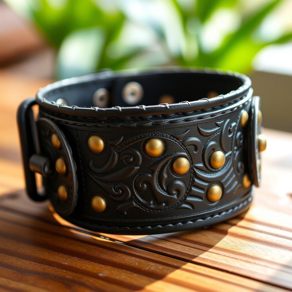 A close-up of a stylish armband made of black leather with intricate designs embossed on it, featuring brass studs and an adjustable buckle