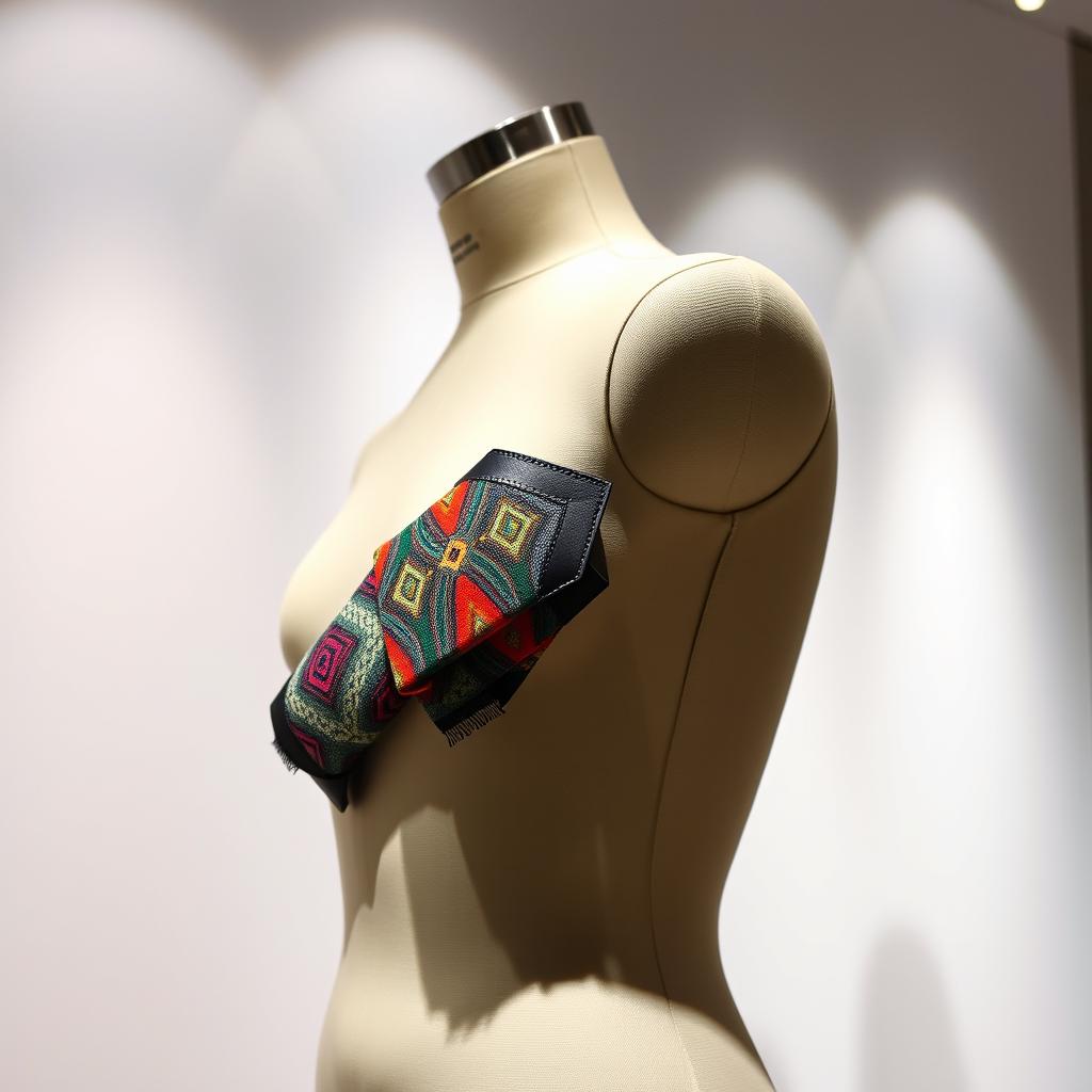 A stylish, modern armband on a mannequin, featuring intricate patterns and vibrant colors