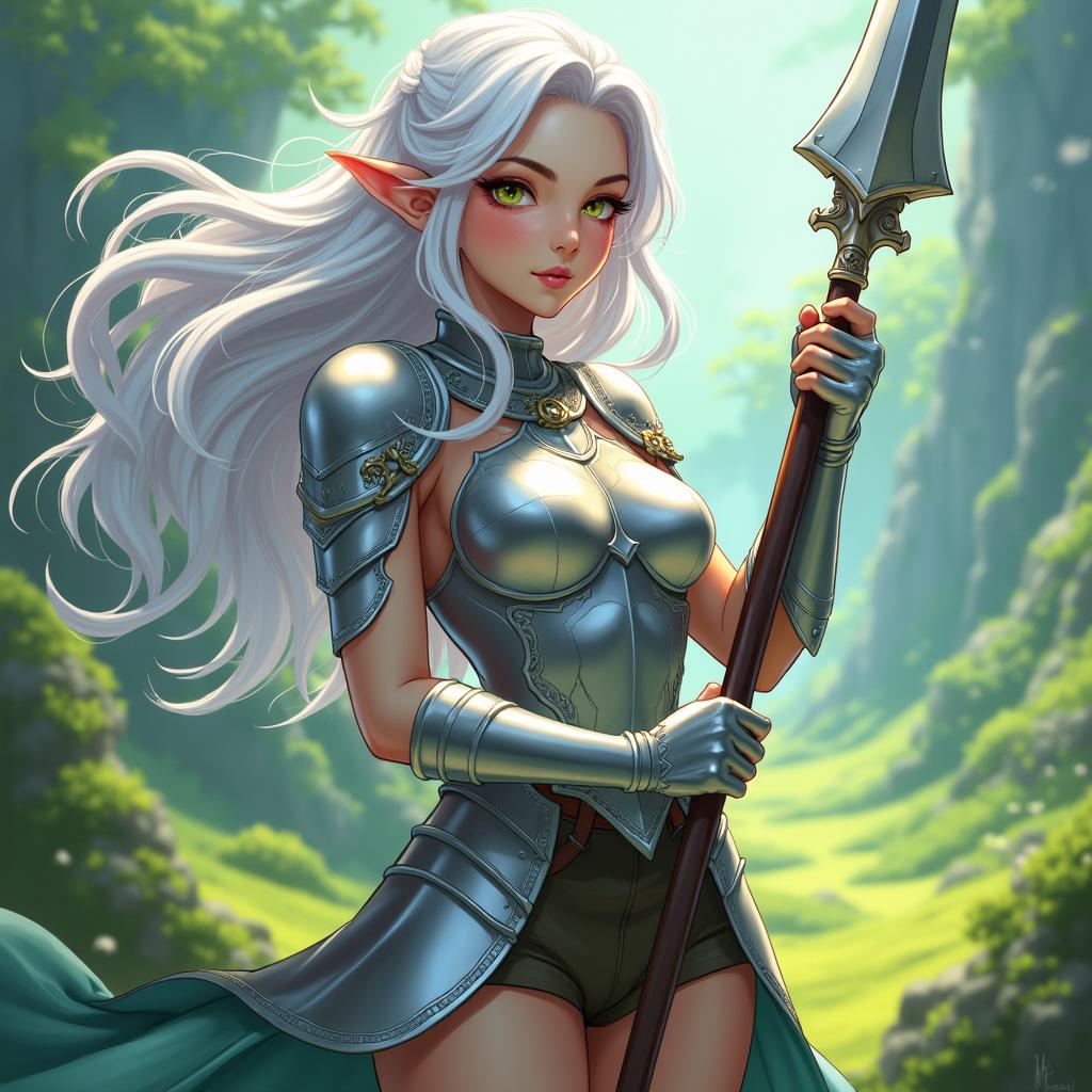 A striking female half-elf cavalier character from Dungeons & Dragons, portrayed in a vibrant anime style