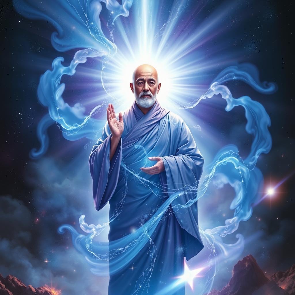 A mystical scene depicting a radiant, ethereal monk surrounded by swirling plasma energy