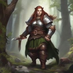 A resilient, unarmed female dwarf druid, clad in robust heavy armor, defiantly wields her mystical command over nature, causing splinters of wood and fragments of rock to gracefully float around her.