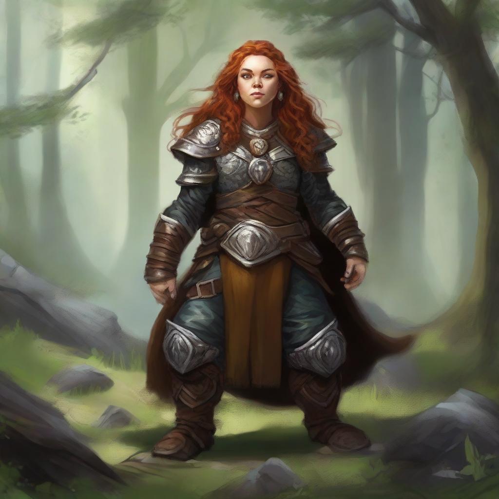 A resilient, unarmed female dwarf druid, clad in robust heavy armor, defiantly wields her mystical command over nature, causing splinters of wood and fragments of rock to gracefully float around her.