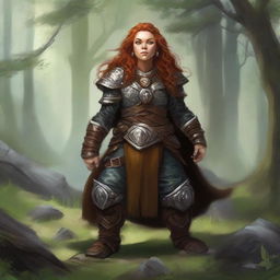 A resilient, unarmed female dwarf druid, clad in robust heavy armor, defiantly wields her mystical command over nature, causing splinters of wood and fragments of rock to gracefully float around her.