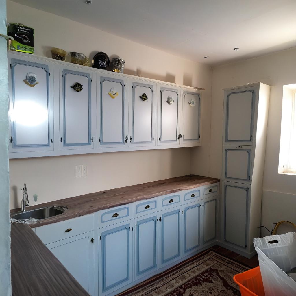 The cabinets will be wooden, the walls and ceiling will be cream, and the corners of the ceiling will have yellow LED strips.