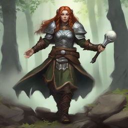 An unarmed female dwarf druid, encased in sturdy heavy armor, employs her mystical powers to cause wooden splinters and rocks to ascend and float ethereally around her.