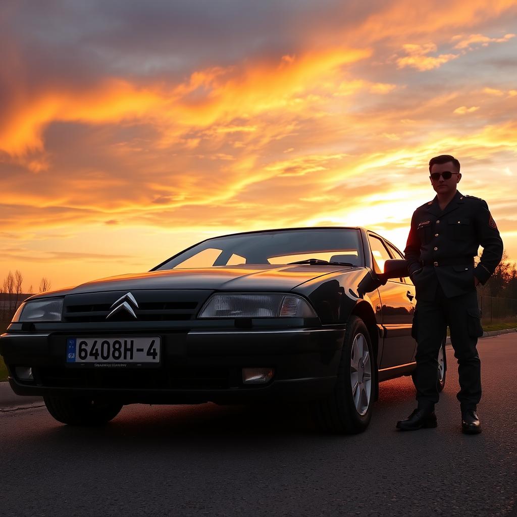 A beautiful sunset scene featuring a dark green Citroen XM parked against a picturesque backdrop of a sky painted with vibrant orange, red, and purple hues