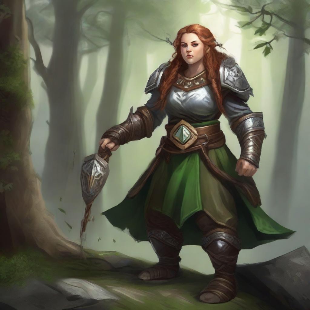 An unarmed female dwarf druid, encased in sturdy heavy armor, employs her mystical powers to cause wooden splinters and rocks to ascend and float ethereally around her.