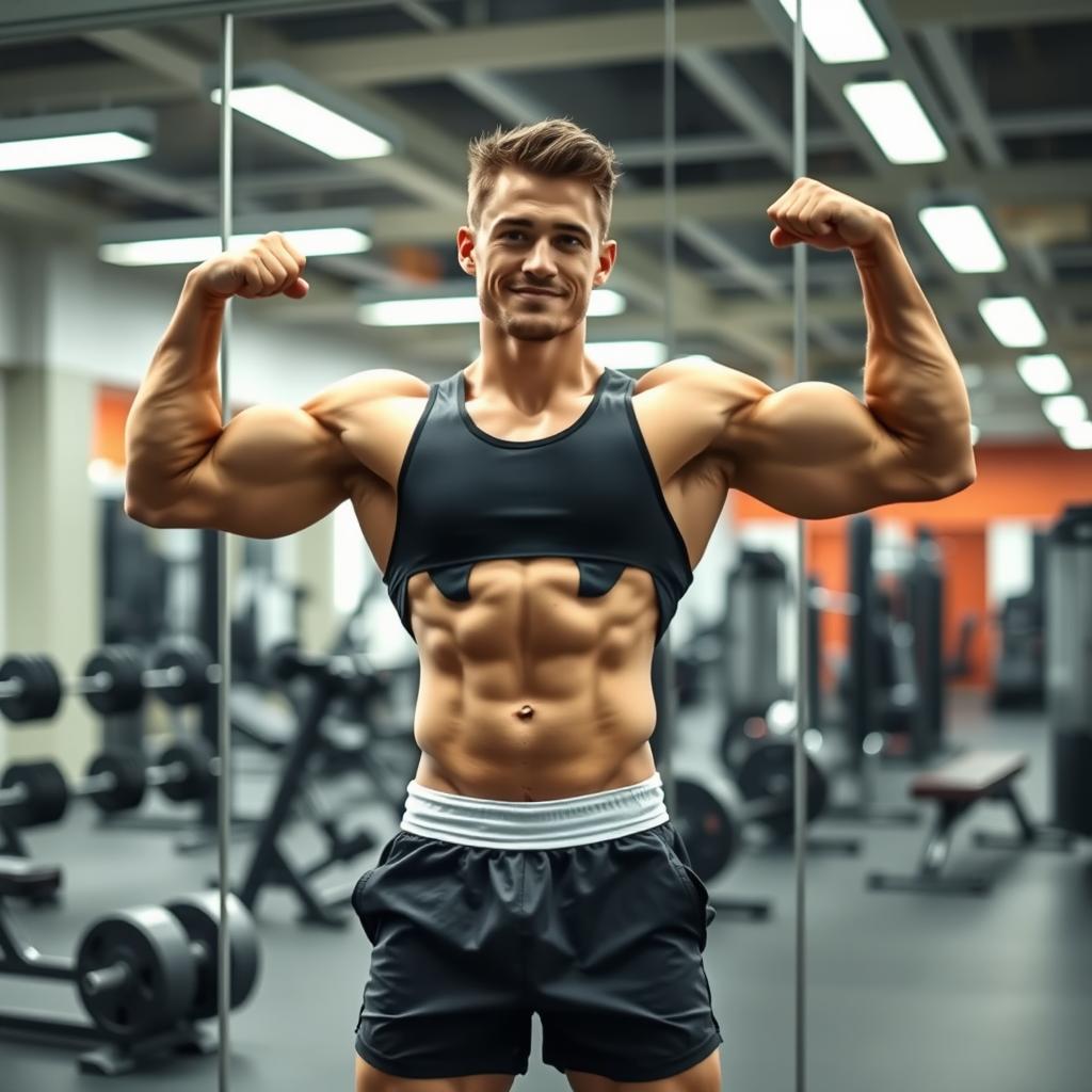 A photo of a fit person in a modern gym, flexing their muscles confidently