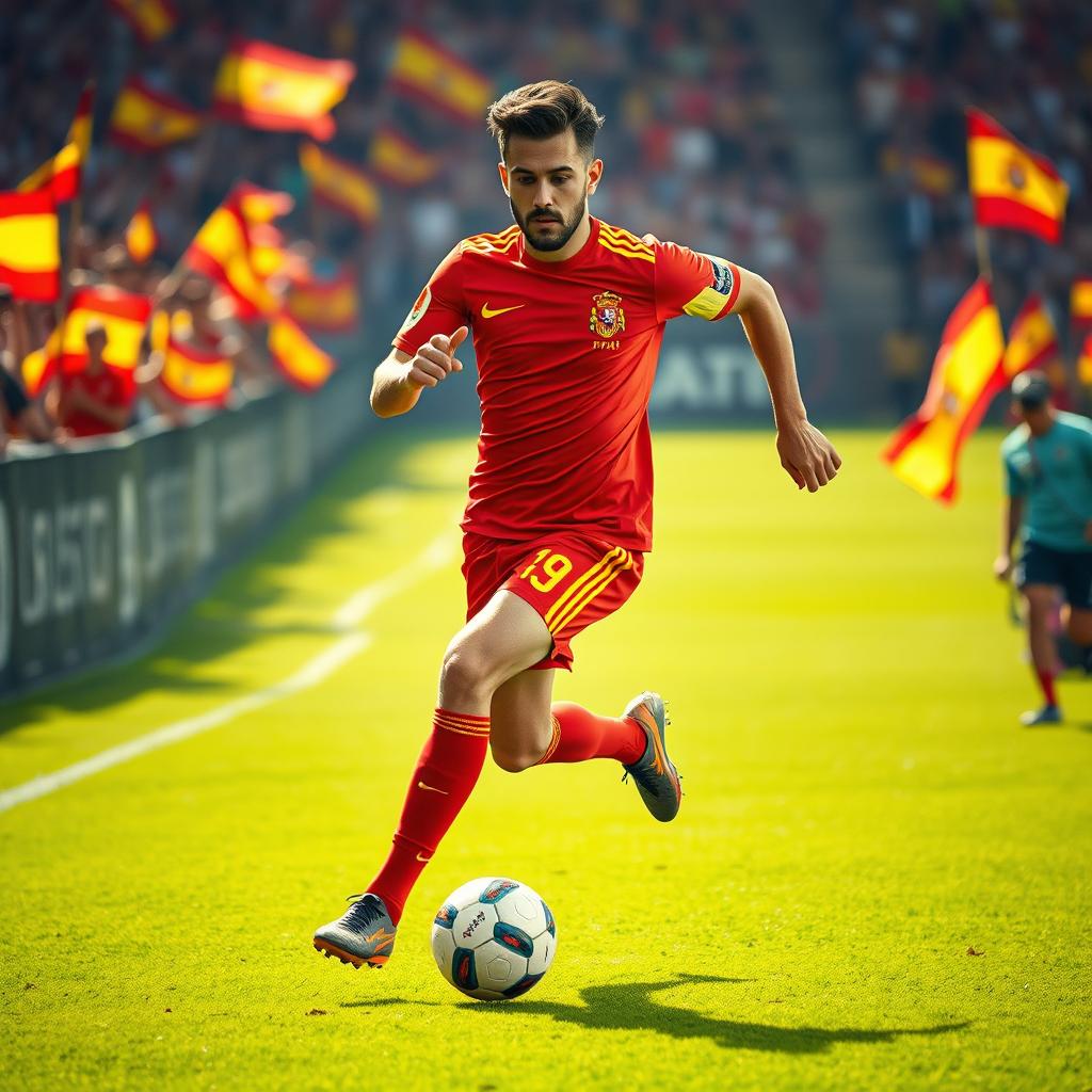 A Spanish footballer reminiscent of Nico Williams, showcasing dynamic speed and impressive dribbling skills on a lush green soccer field
