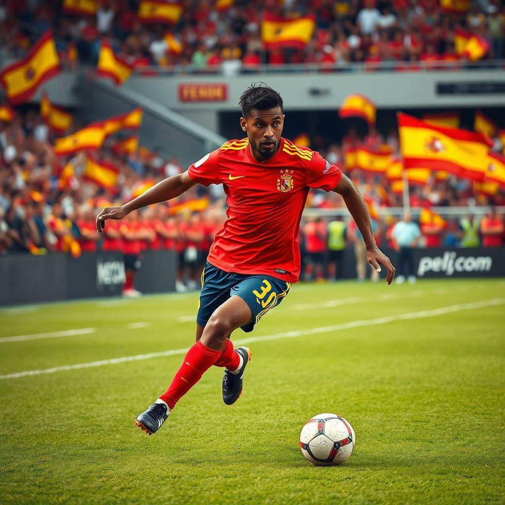 A Black Spanish attacking football player exhibiting remarkable agility and skill, wearing a bright red Spanish national team jersey
