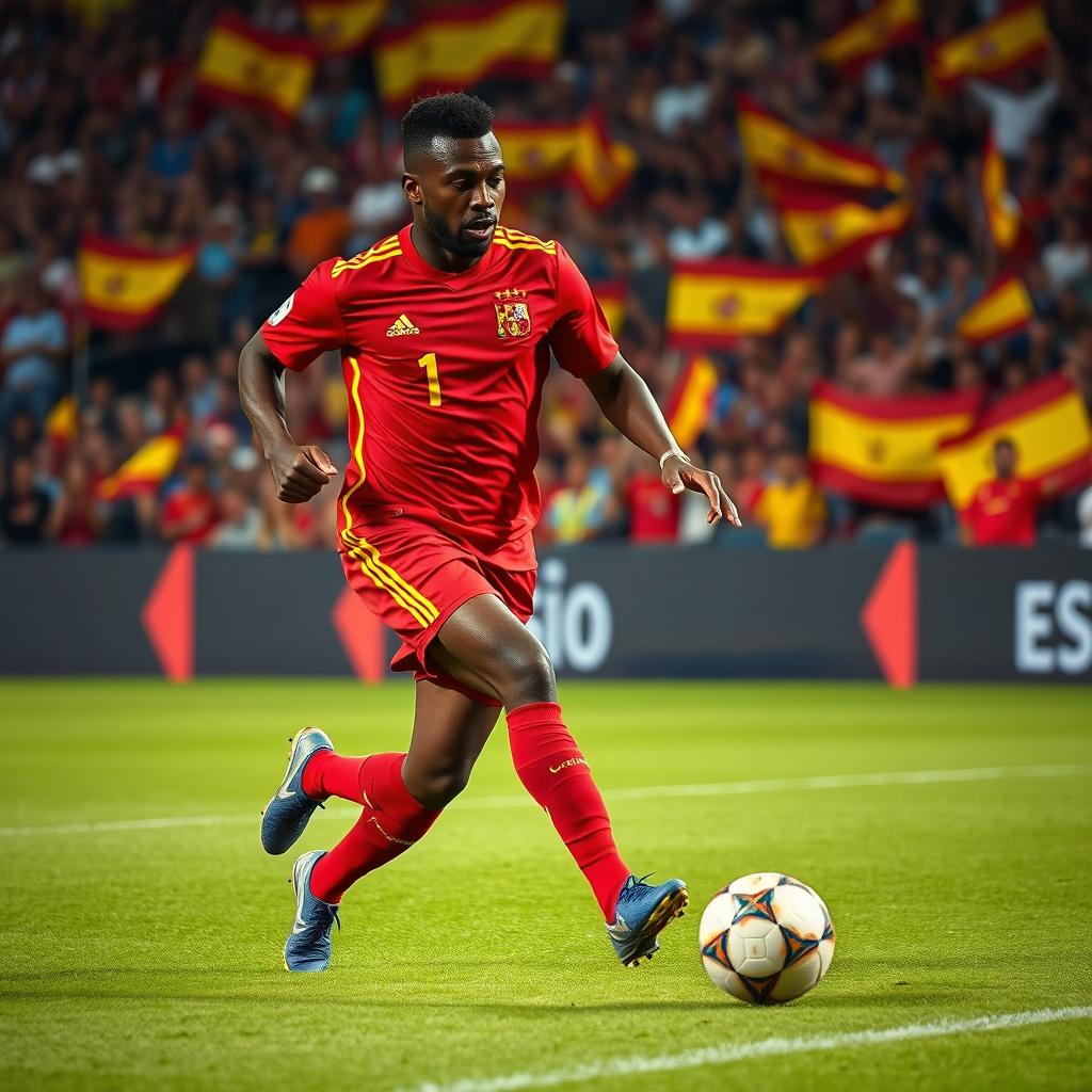 A Black Spanish attacking football player displaying remarkable agility and skill, dressed in a vibrant red Spanish national team jersey