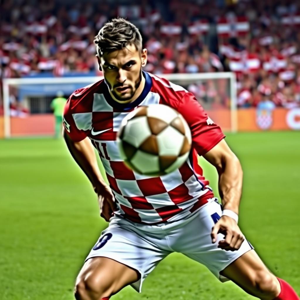 A Croatian football defender showcasing strength and focus on the pitch, wearing the national team jersey in red and white checkered pattern