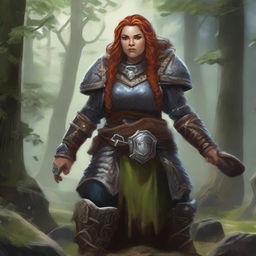 An unarmed female dwarf druid, encased in sturdy heavy armor, employs her mystical powers to cause wooden splinters and rocks to ascend and float ethereally around her.