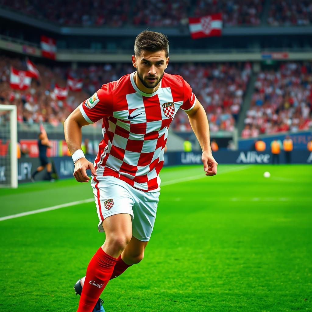 A Croatian football defender displaying poise and strength, adorned in the iconic red and white checkered jersey of the Croatian national team