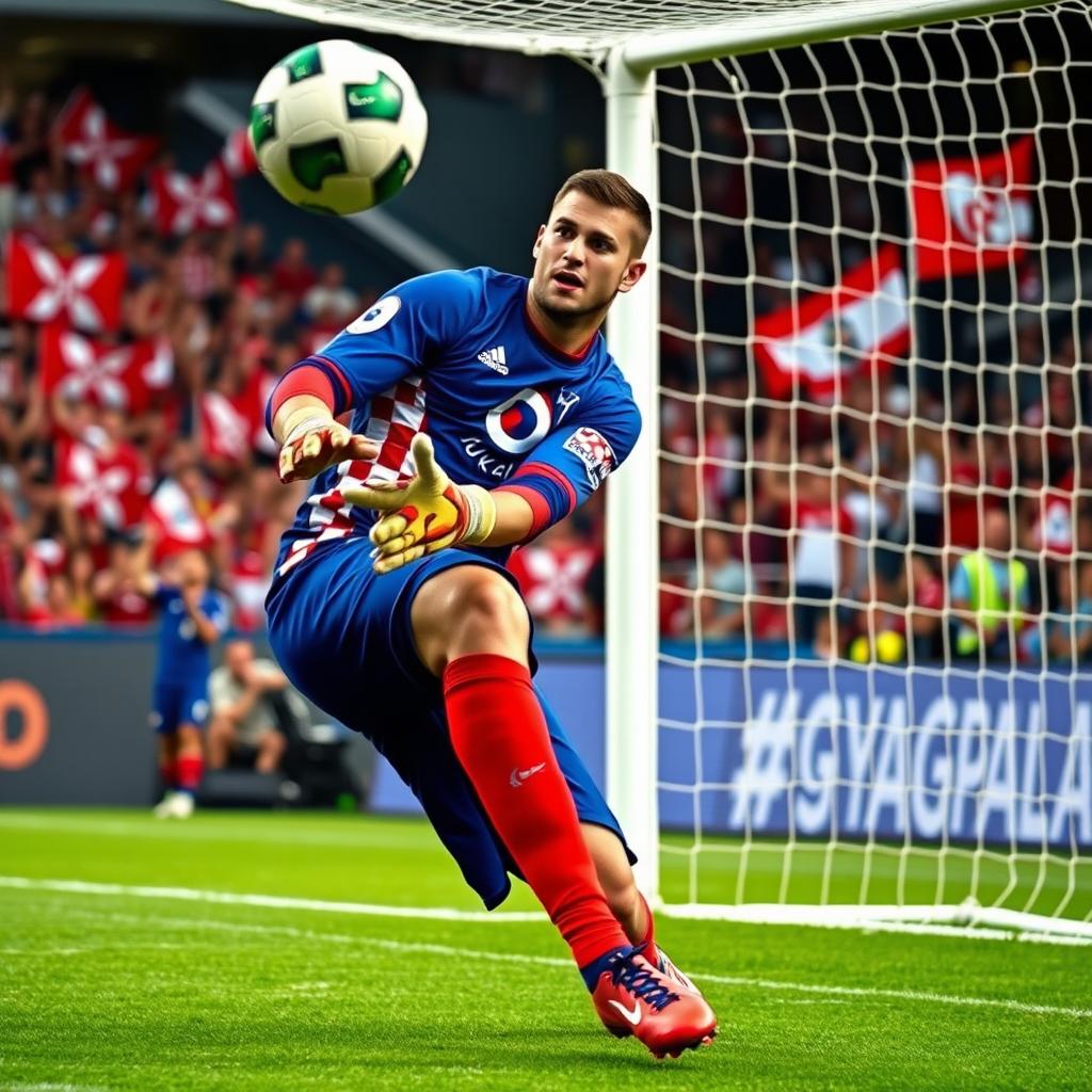 A tall Croatian football goalkeeper showcasing impressive stature and athleticism, dressed in the distinctive blue and red jersey of the Croatian national team