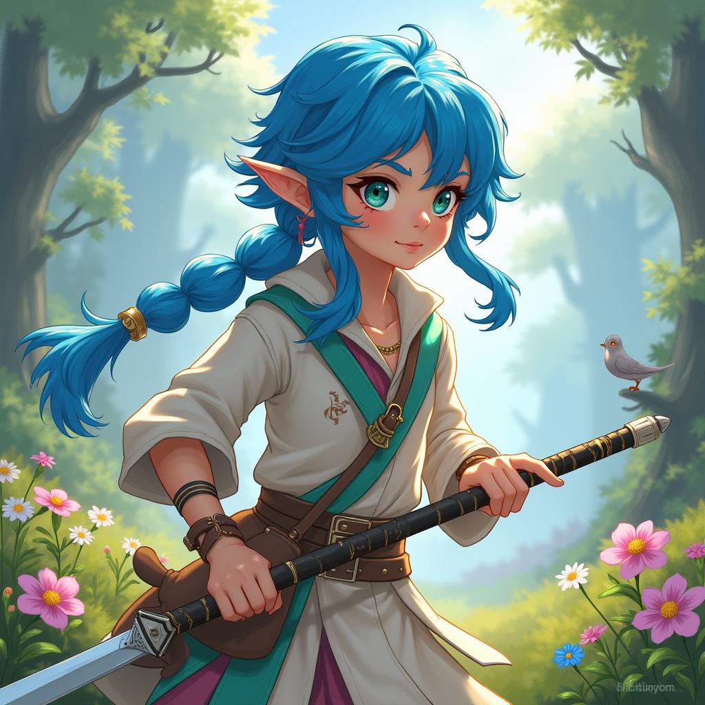 A female half-elf espadachim, aged 12, depicted with striking blue hair styled in a playful yet adventurous manner