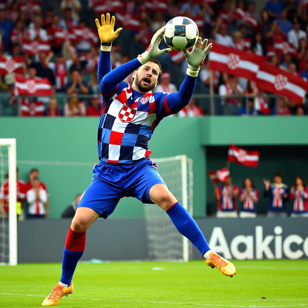 A tall Croatian football goalkeeper, embodying strength and agility, dressed in the blue and red uniform of the Croatian national team