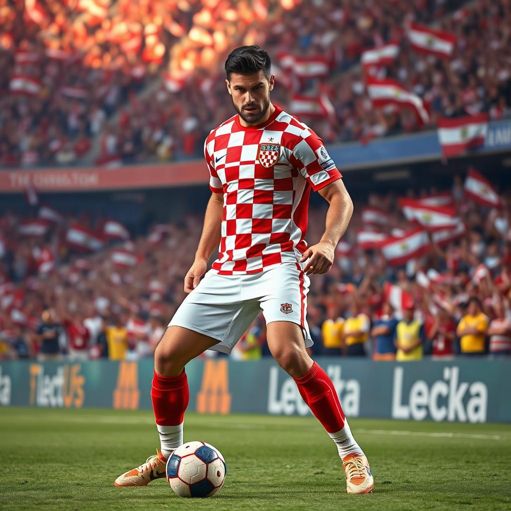 A tall Croatian football defender, showcasing impressive height and athleticism, wearing the classic red and white checkered jersey of the Croatian national team