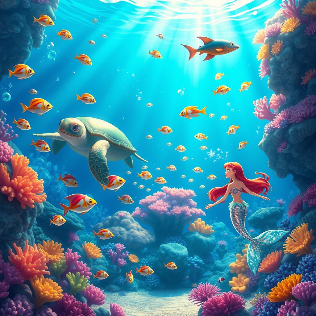 A vibrant and dynamic animated scene depicting a fantastical underwater kingdom filled with playful, colorful fish darting through lush coral reefs, with beams of sunlight filtering down from the surface