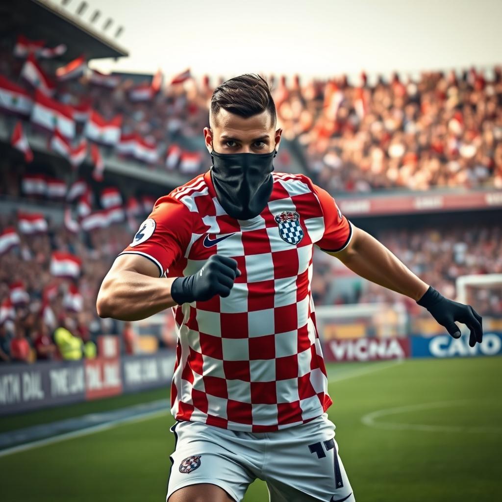 A tall Croatian football defender, showcasing impressive height and athleticism, wearing the iconic red and white checkered jersey of the Croatian national team
