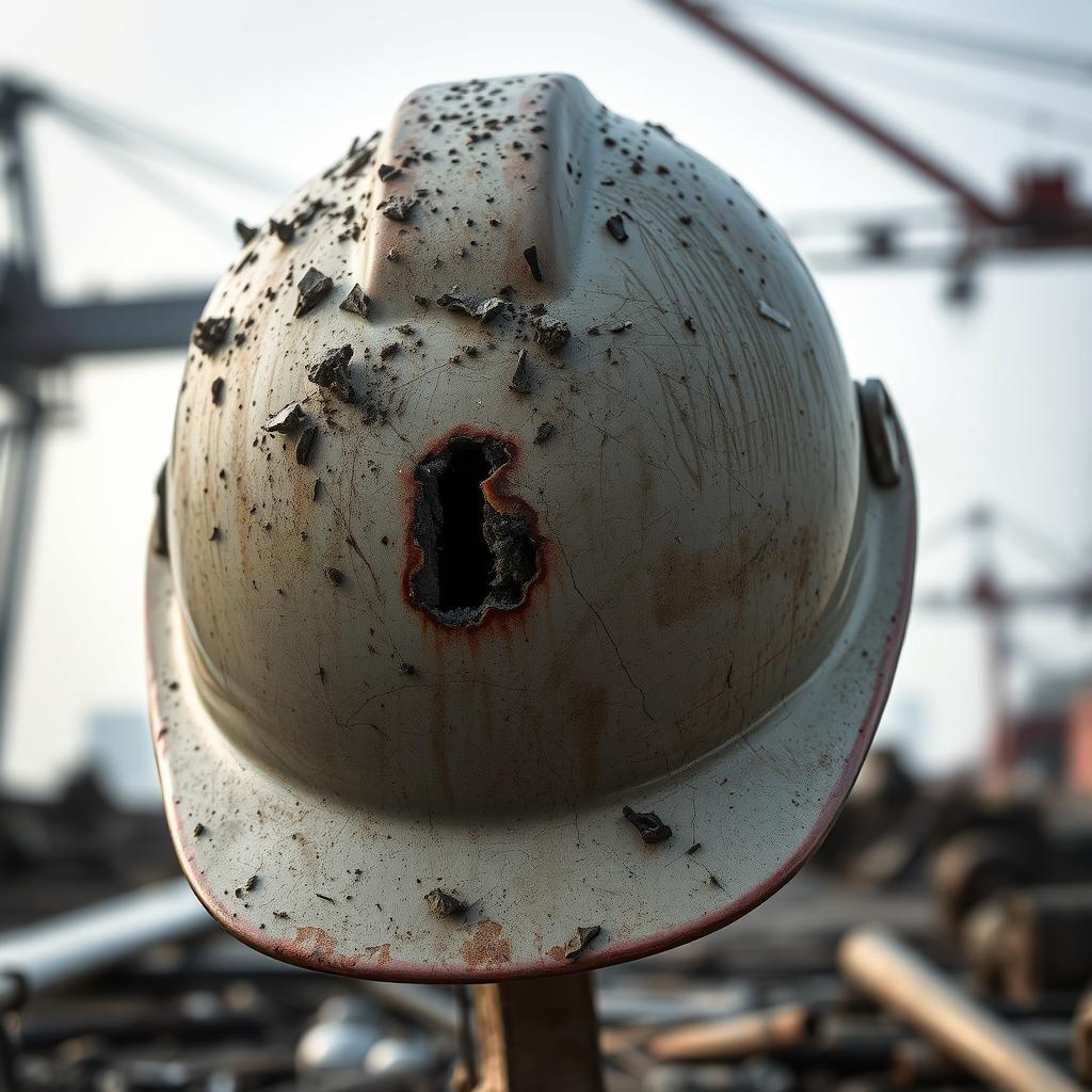 A close-up, detailed photograph of a damaged safety helmet, showing signs of impact and destruction after an explosion at the Rajai Port Pier in Bandar Abbas