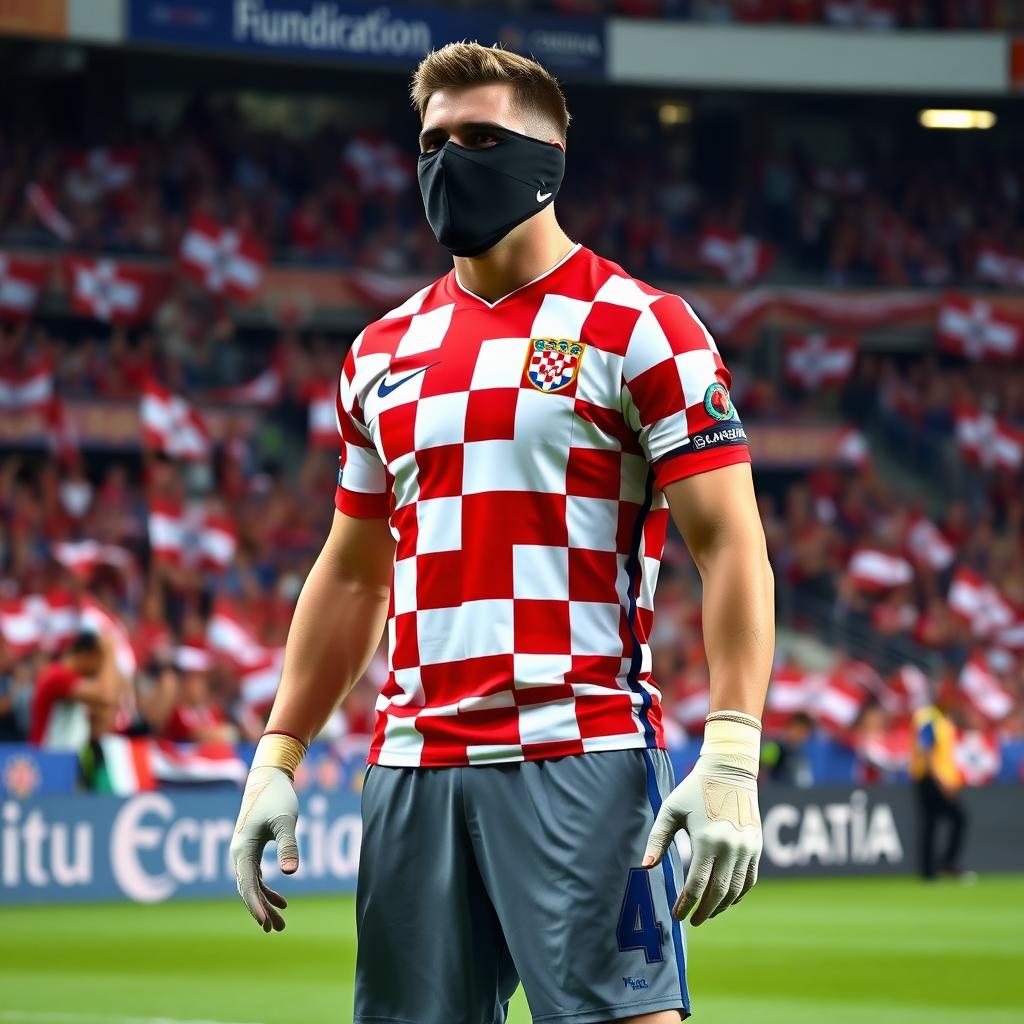 A tall Croatian football defender, showcasing his impressive height and athletic build, wearing the iconic red and white checkered jersey of the Croatian national team