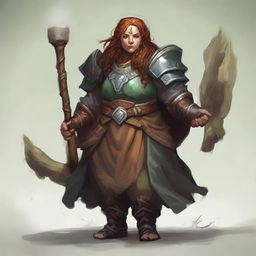 An unarmed female dwarf druid, encased in sturdy heavy armor, employs her mystical powers to cause wooden splinters and rocks to ascend and float ethereally around her.