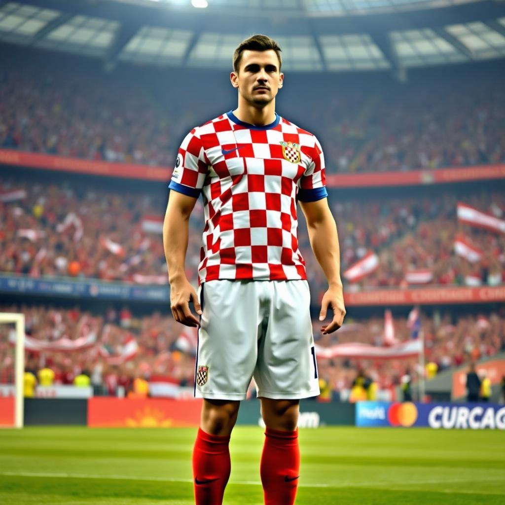 A tall Croatian football defender, showcasing his impressive height and athletic physique