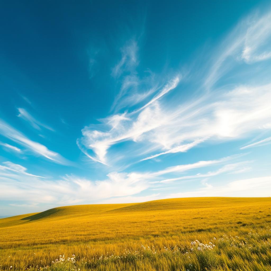 A picturesque sky filled with delicate cirrus clouds, creating a serene and bright atmosphere