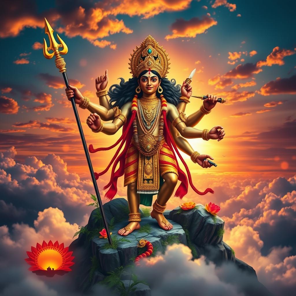 A majestic depiction of God Murugan wielding his divine spear (Vel), standing proudly on a mountain peak surrounded by clouds