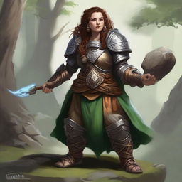 A stoic, unarmed female dwarf druid, enclothed in imposing heavy armor, exerts her natural affinity to cause wood splinters and rocks to levitate, swirling magically around her.