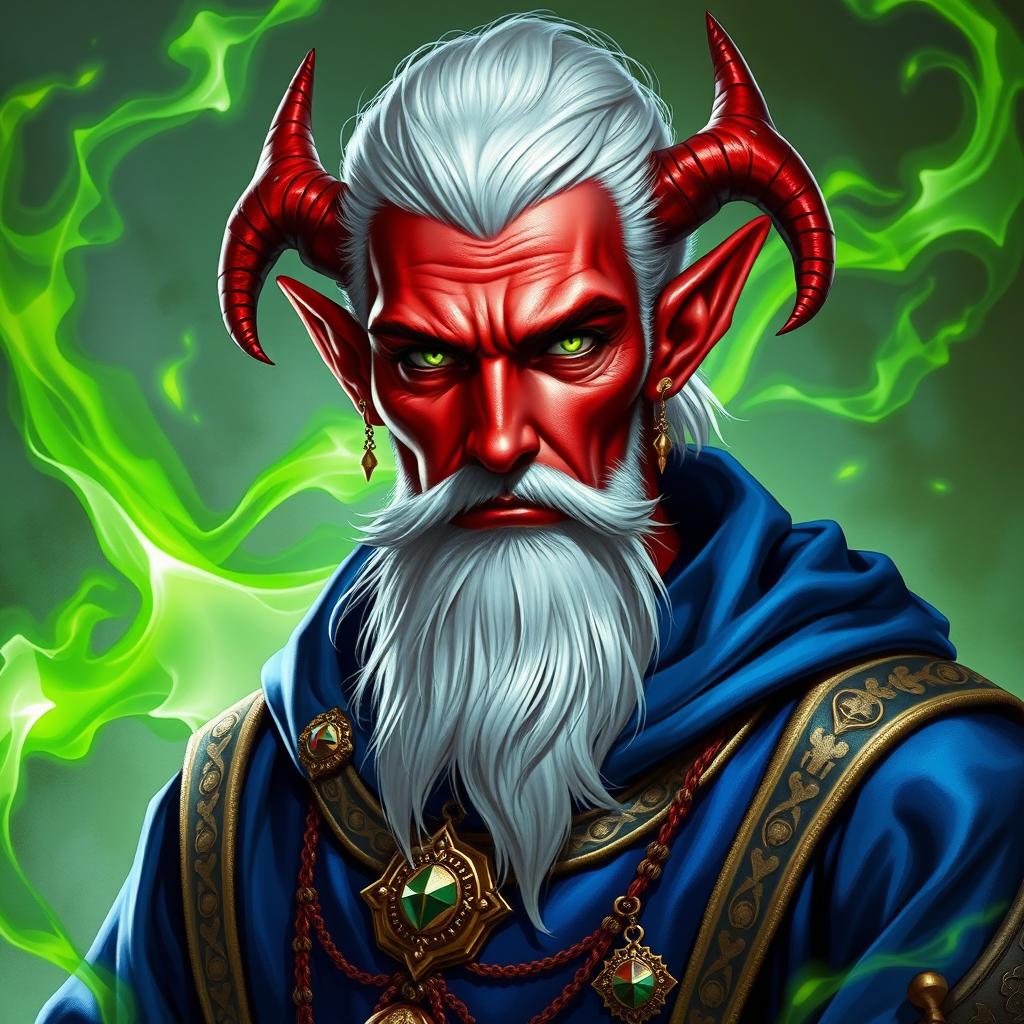 A stunning character portrait of a Tiefling sorcerer, showcasing his crimson red skin and glowing green eyes