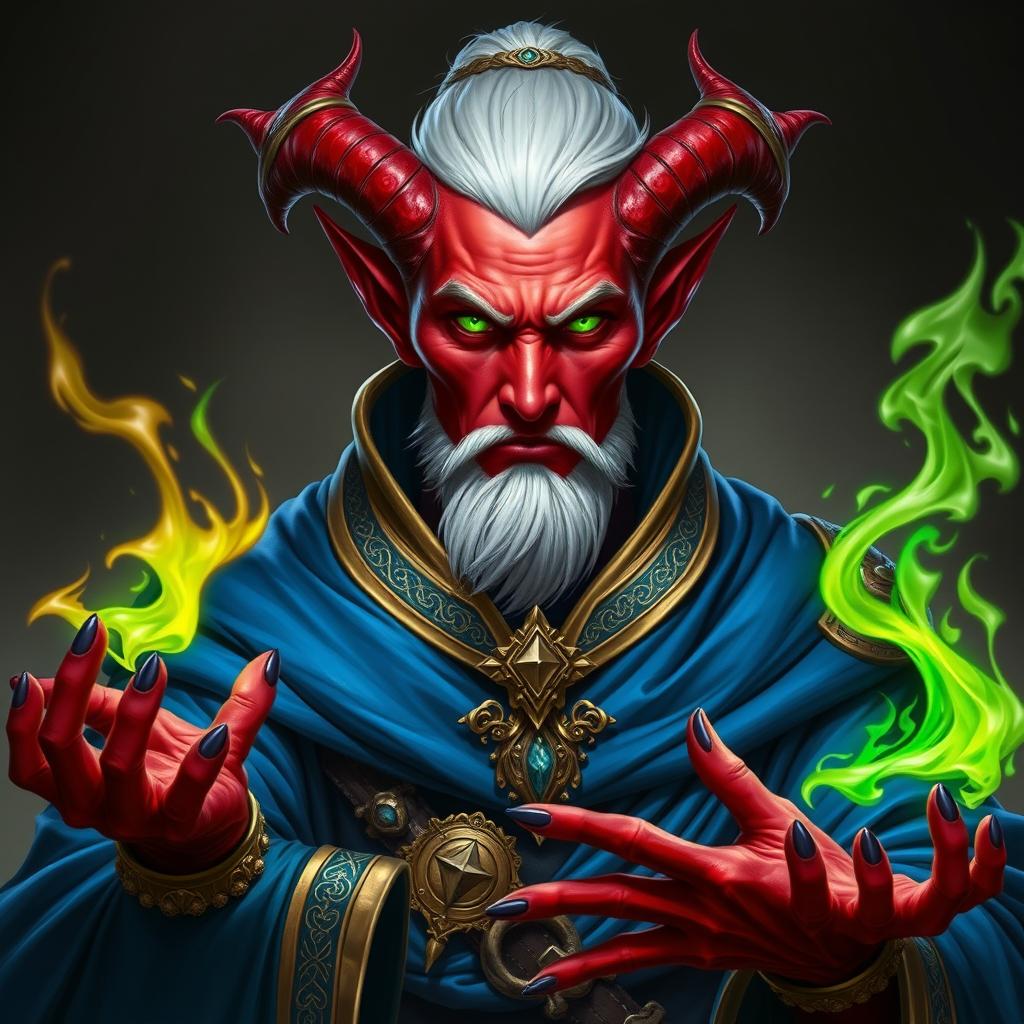 A character portrait of a Tiefling sorcerer, featuring a striking figure with crimson red skin and glowing green eyes