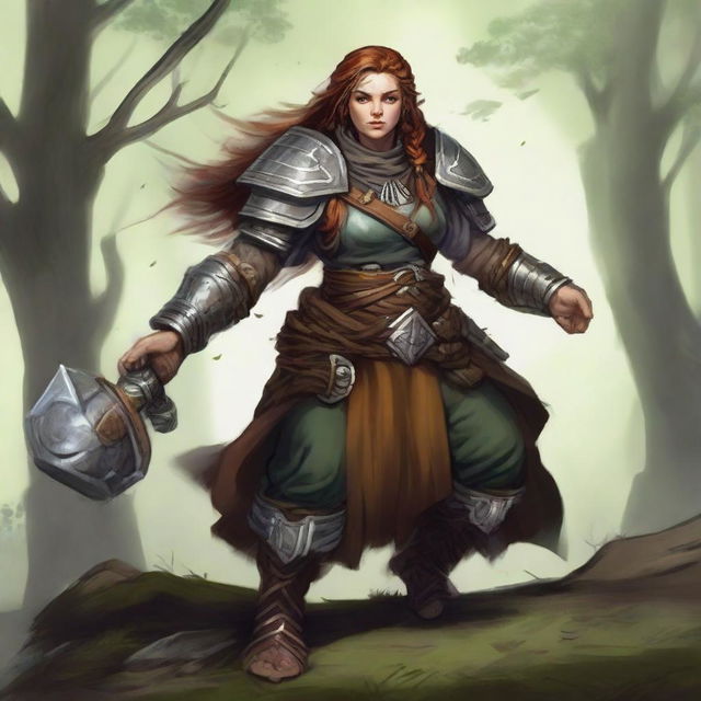 A stoic, unarmed female dwarf druid, enclothed in imposing heavy armor, exerts her natural affinity to cause wood splinters and rocks to levitate, swirling magically around her.