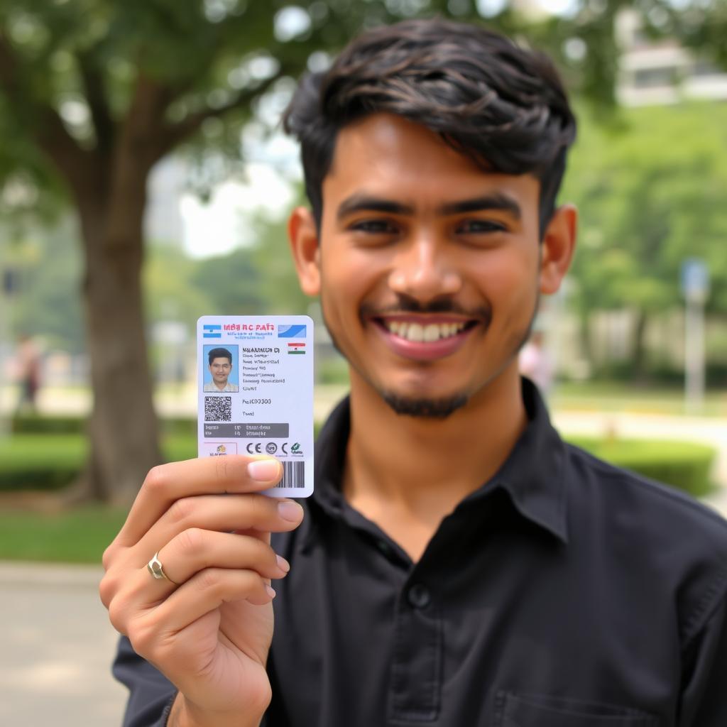 A person confidently holding their national ID card, showcasing the details clearly