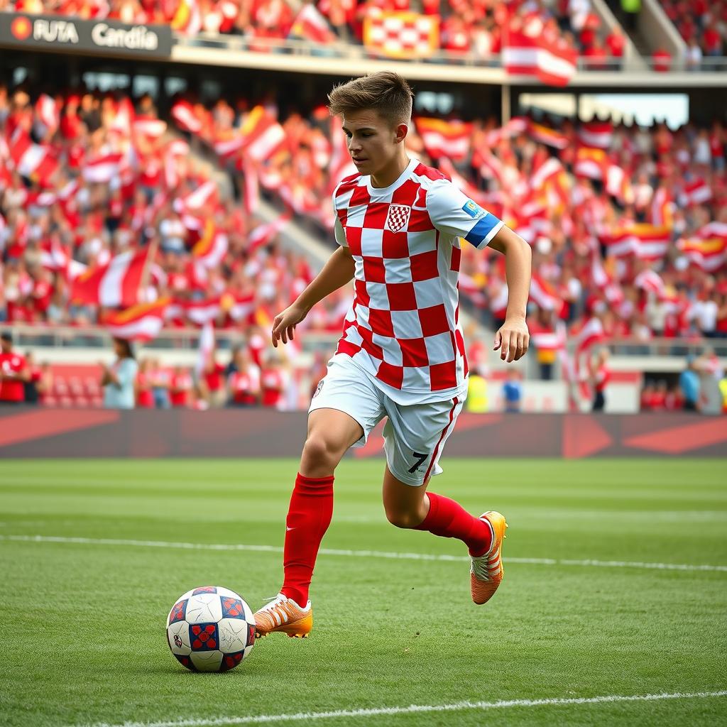 A young Croatian football defender, athletic and energetic, demonstrating his skills on the pitch