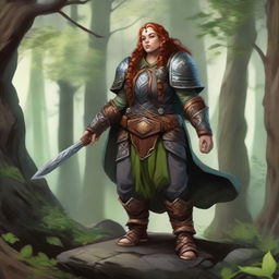 A stoic, unarmed female dwarf druid, enclothed in imposing heavy armor, exerts her natural affinity to cause wood splinters and rocks to levitate, swirling magically around her.