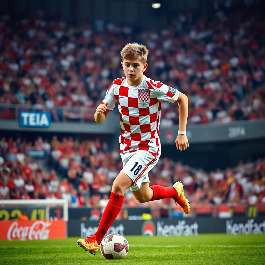 A young Croatian football defender, full of energy and potential, showcasing his skills during a match