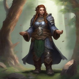 A stoic, unarmed female dwarf druid, enclothed in imposing heavy armor, exerts her natural affinity to cause wood splinters and rocks to levitate, swirling magically around her.