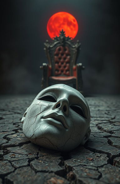A cracked porcelain mask fallen on the ground, intricate details and textures visible on the surface
