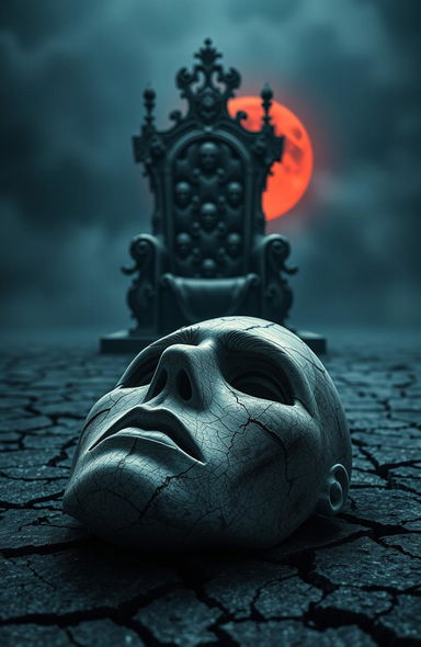 A cracked porcelain mask fallen on the ground, intricate details and textures visible on the surface