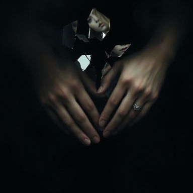 Two hands almost touching but separated, enveloped in swirling black fog