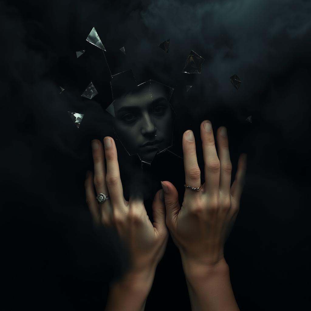 Two hands almost touching but separated, enveloped in swirling black fog