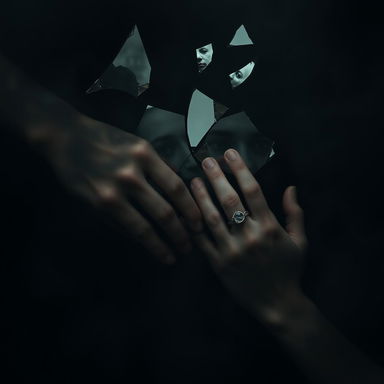 Two hands almost touching but separated, enveloped in swirling black fog