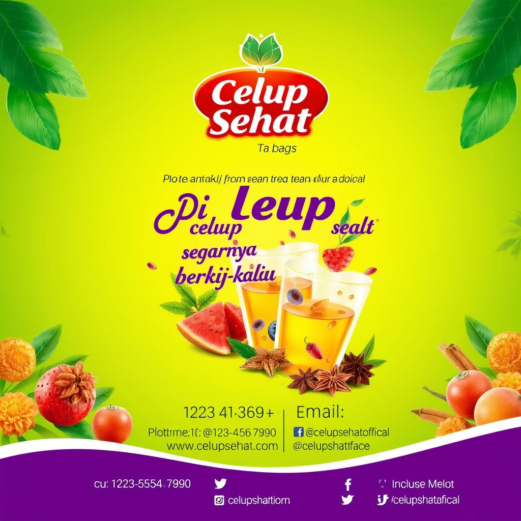 A vibrant and eye-catching poster representing 'Celup Sehat', a brand of tea bags made from high-quality tea, fresh fruits, and aromatic spices