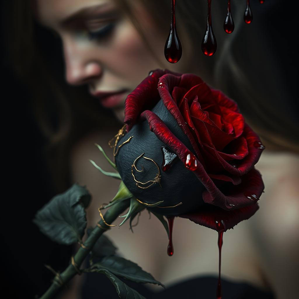 A bleeding black rose, its petals glistening with crimson drops, while thorns are intricately wrapped in broken strands of gold
