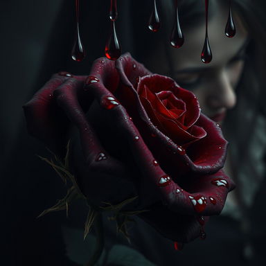A bleeding black rose, its petals glistening with crimson drops, while thorns are intricately wrapped in broken strands of gold