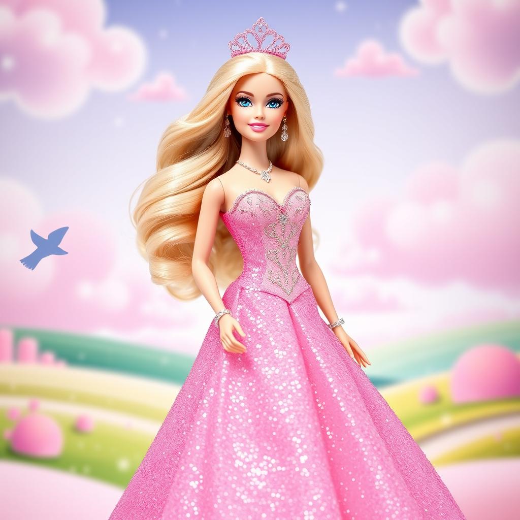 A beautifully stylized Barbie doll standing elegantly in a vibrant, glittery fashion ensemble